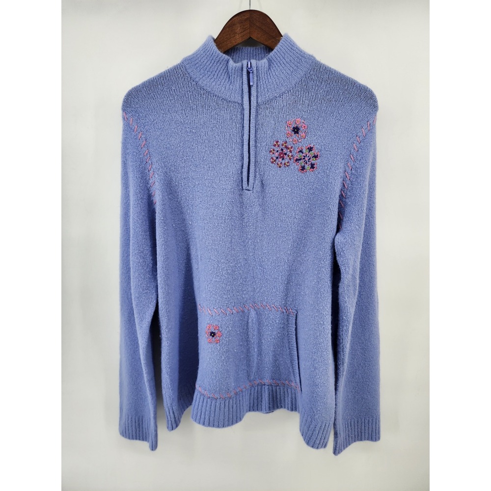 White Stag Large‎ Blue Floral Embroidered Quarter Zip Knit Sweater Mock Neck